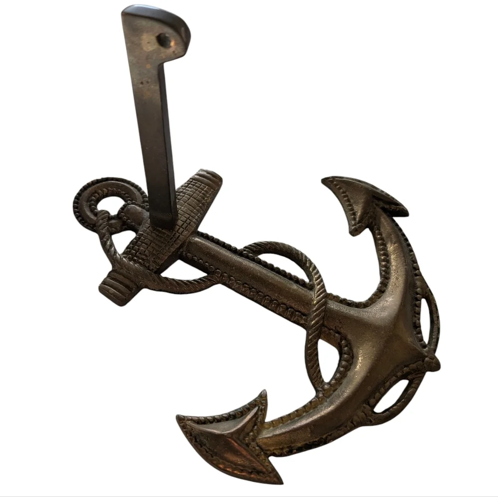 Vintage Large Cast Brass Anchor With Rope, Nautical Wall Mount. 7.5